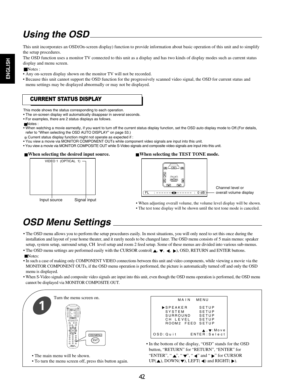 Using the osd, Osd menu settings, Current status display | English | Sherwood P-965 User Manual | Page 42 / 68