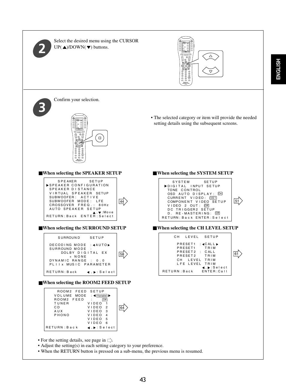 English, Confirm your selection, Standby power on | Mute ch. set, Return disp, Osd/menu, Stereo ch/ adjust, Dsp decode dsp standby power on, Dsp decode dsp rnc-510 | Sherwood P-965 User Manual | Page 43 / 68