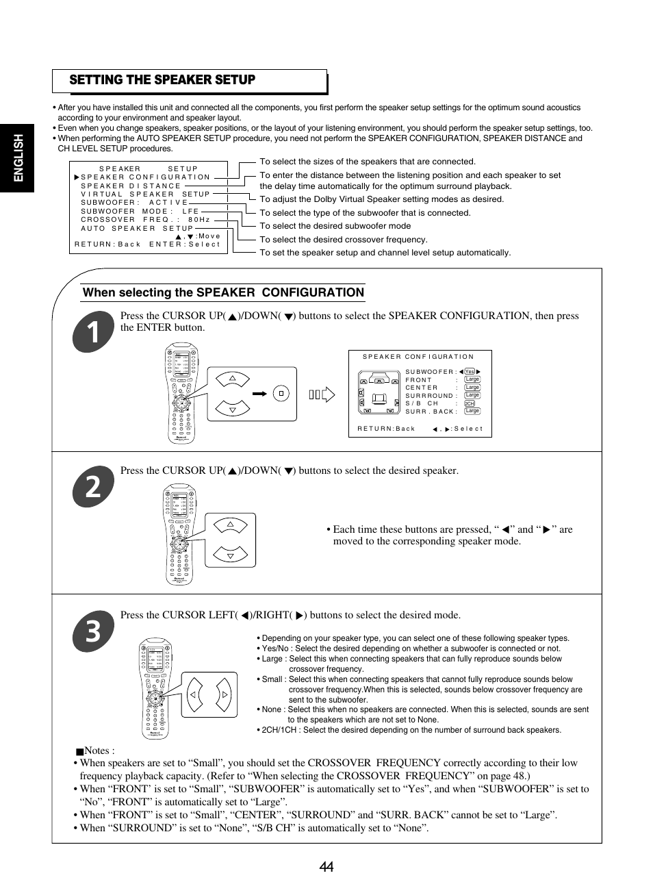 Setting the speaker setup, English, When selecting the speaker configuration | Sherwood P-965 User Manual | Page 44 / 68