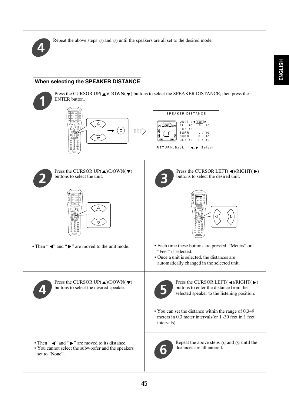English, When selecting the speaker distance | Sherwood P-965 User Manual | Page 45 / 68
