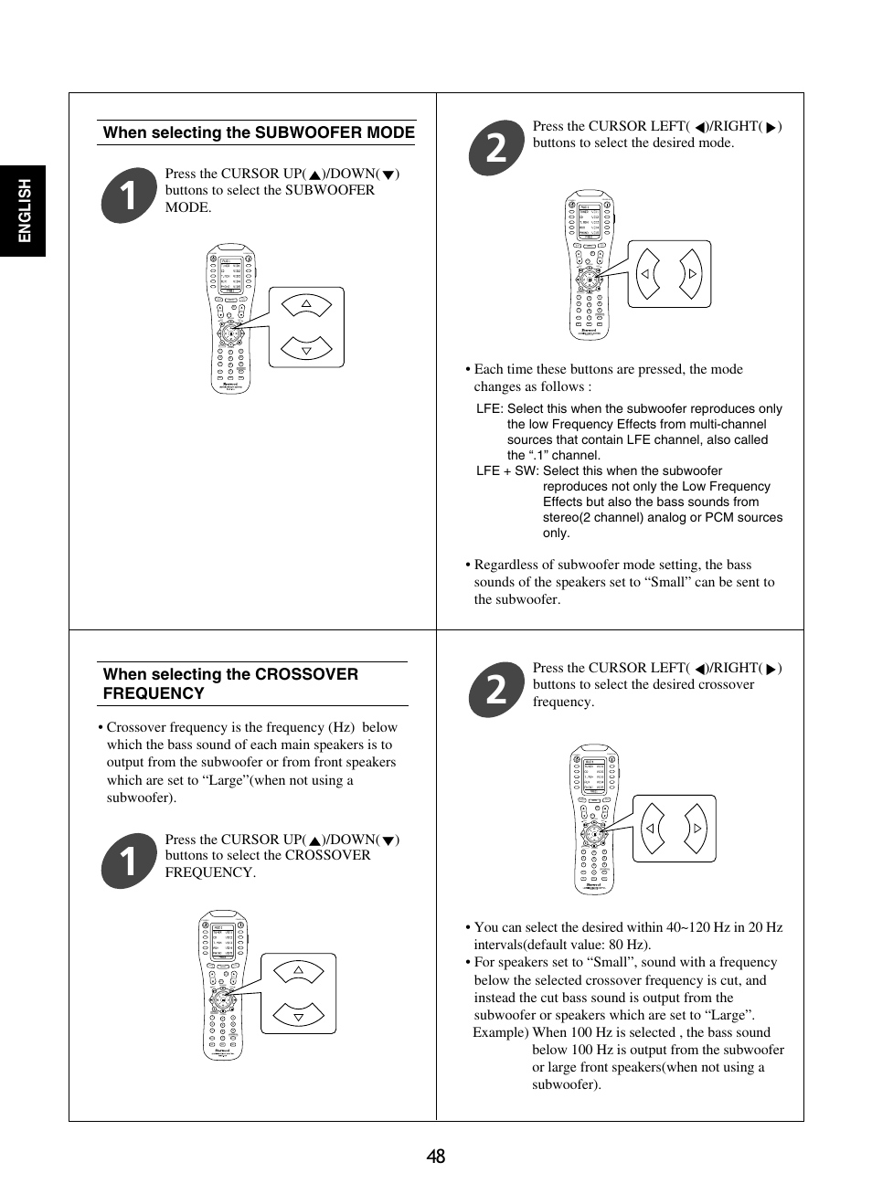 English, When selecting the crossover frequency, When selecting the subwoofer mode | Standby power on, Mute ch. set, Return disp, Osd/menu, Stereo ch/ adjust, Dsp decode dsp rnc-510, Dsp decode dsp | Sherwood P-965 User Manual | Page 48 / 68