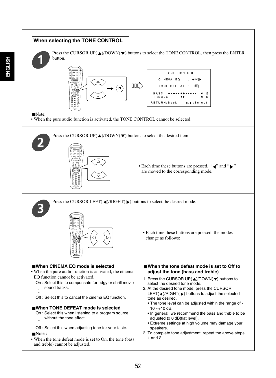 English, When selecting the tone control | Sherwood P-965 User Manual | Page 52 / 68