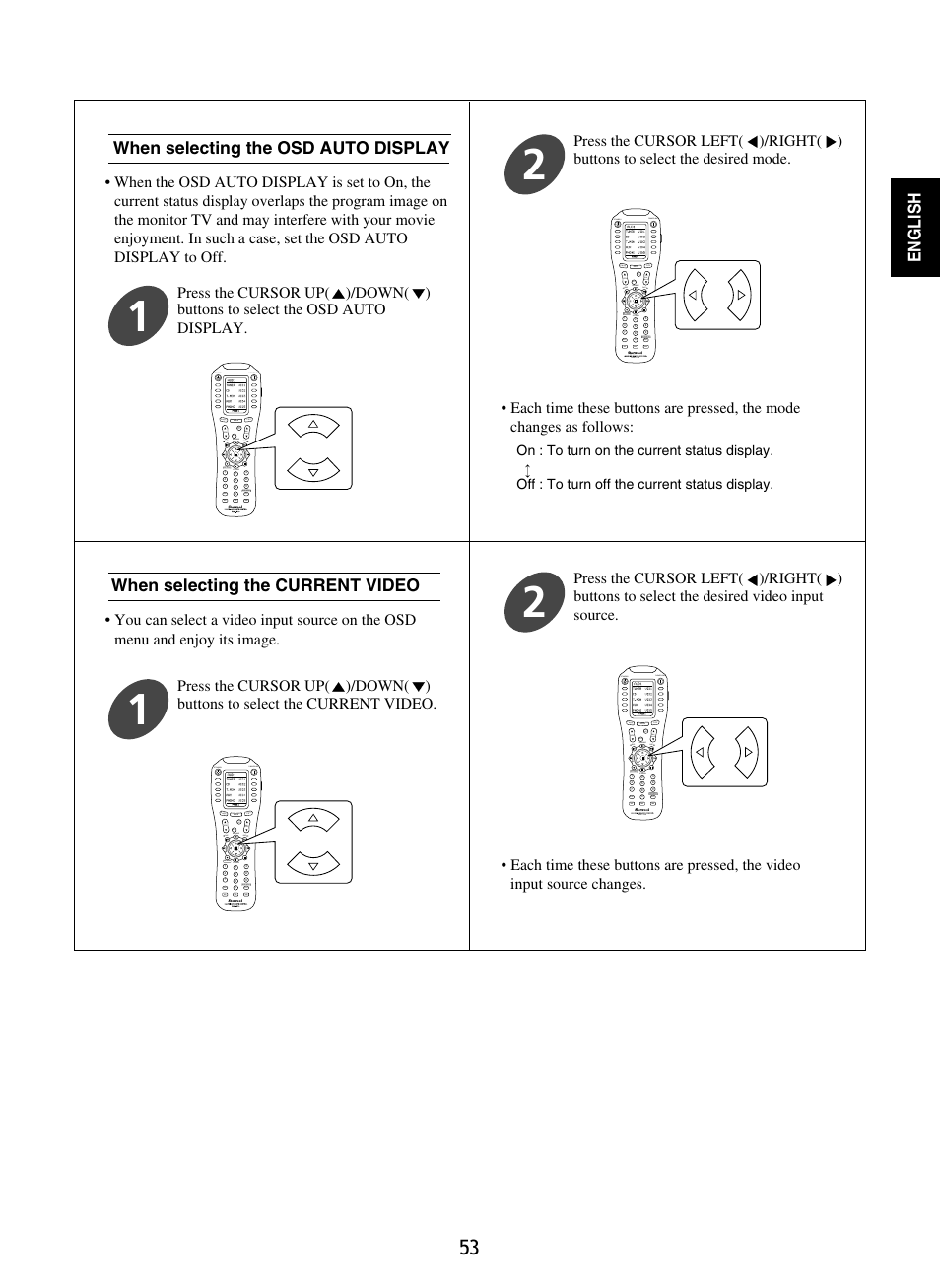 English, When selecting the osd auto display, When selecting the current video | Sherwood P-965 User Manual | Page 53 / 68