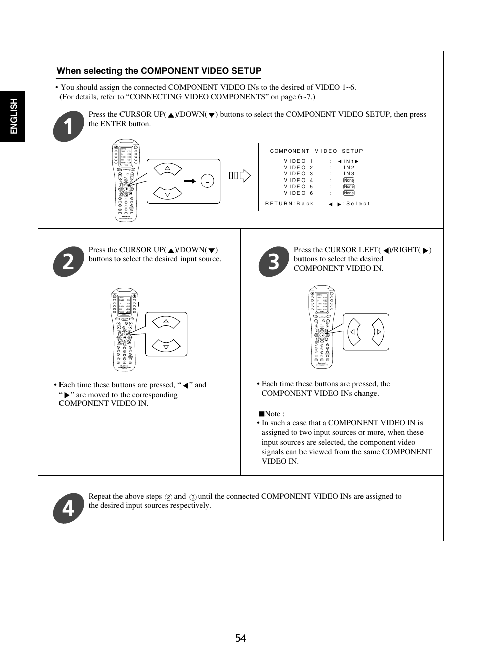 English, When selecting the component video setup | Sherwood P-965 User Manual | Page 54 / 68