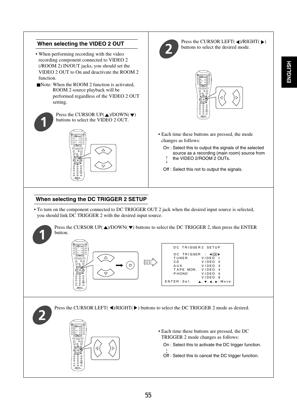 English, When selecting the dc trigger 2 setup, When selecting the video 2 out | Sherwood P-965 User Manual | Page 55 / 68