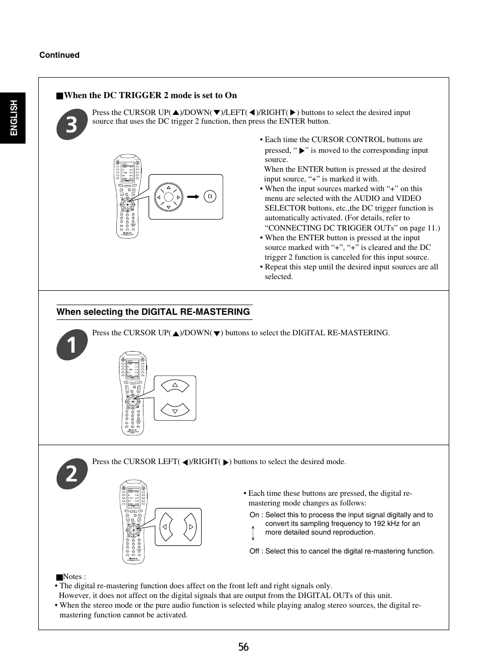 English, When selecting the digital re-mastering, When the dc trigger 2 mode is set to on | Continued | Sherwood P-965 User Manual | Page 56 / 68