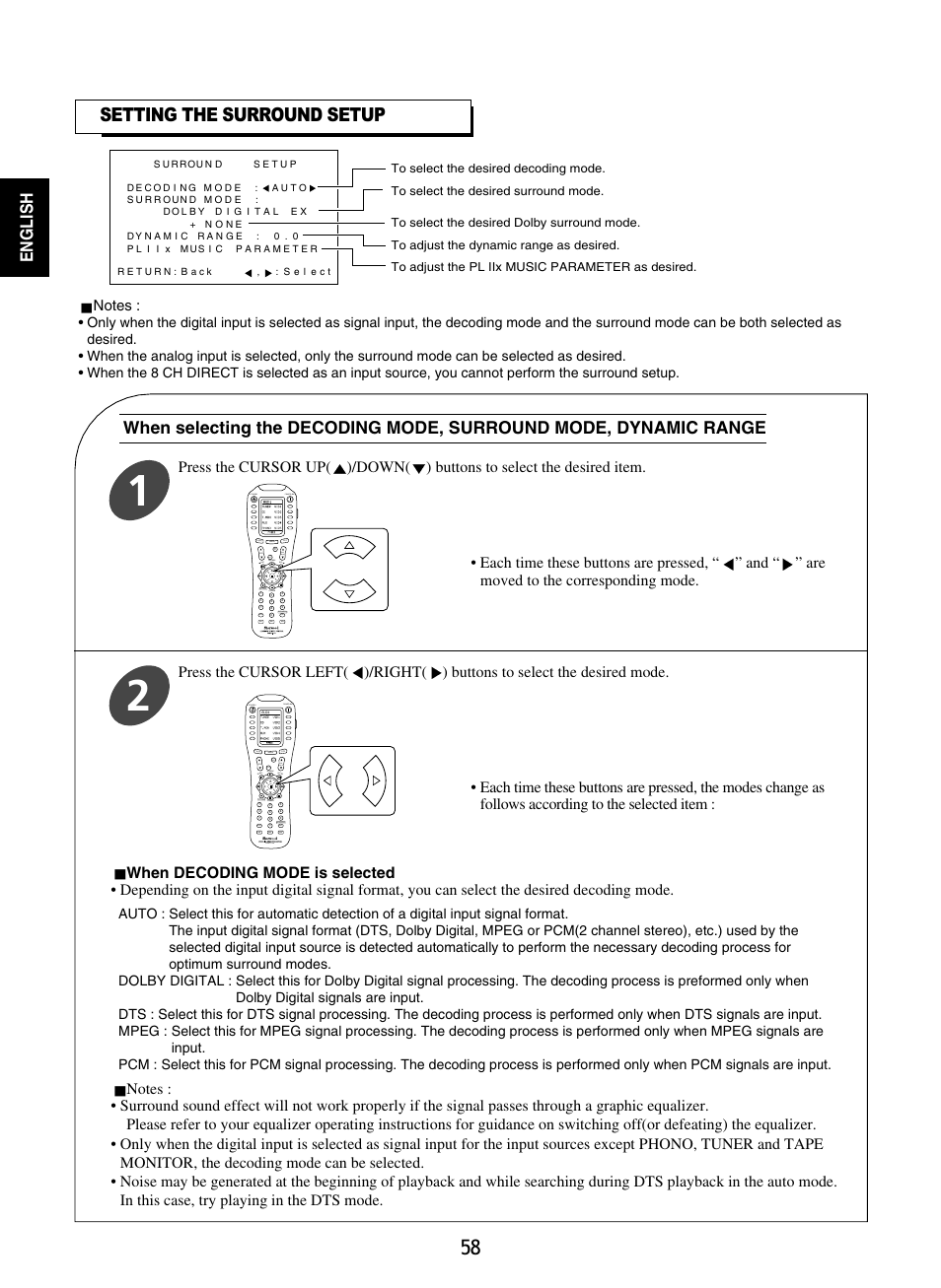 Setting the surround setup, English | Sherwood P-965 User Manual | Page 58 / 68