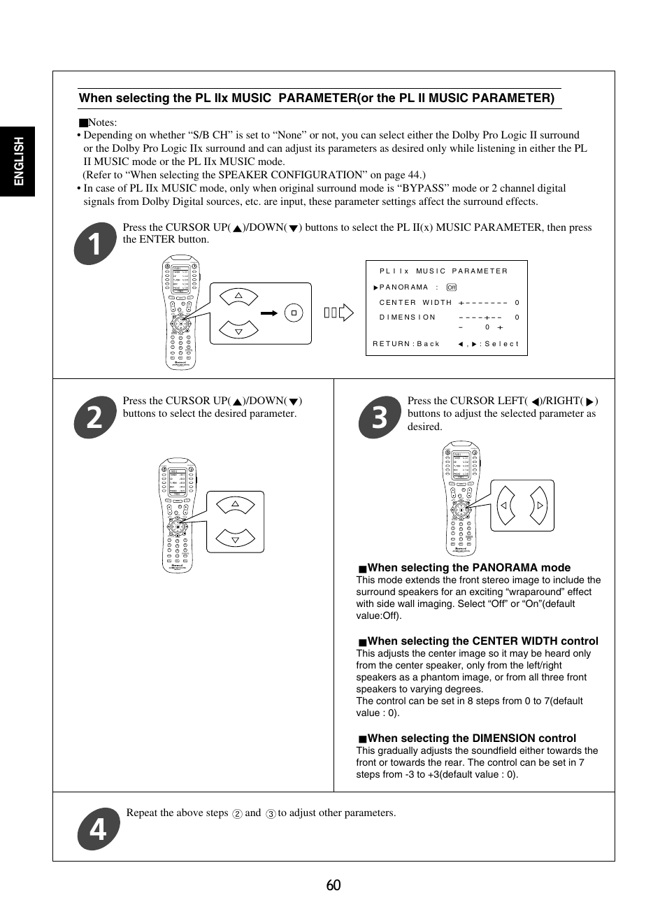 English, When selecting the panorama mode, When selecting the center width control | When selecting the dimension control | Sherwood P-965 User Manual | Page 60 / 68