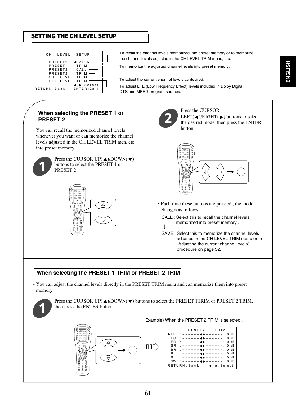 Setting the ch level setup, English, When selecting the preset 1 or preset 2 | When selecting the preset 1 trim or preset 2 trim, Standby power on, Mute ch. set, Return disp, Osd/menu, Stereo ch/ adjust, Dsp decode dsp standby power on | Sherwood P-965 User Manual | Page 61 / 68