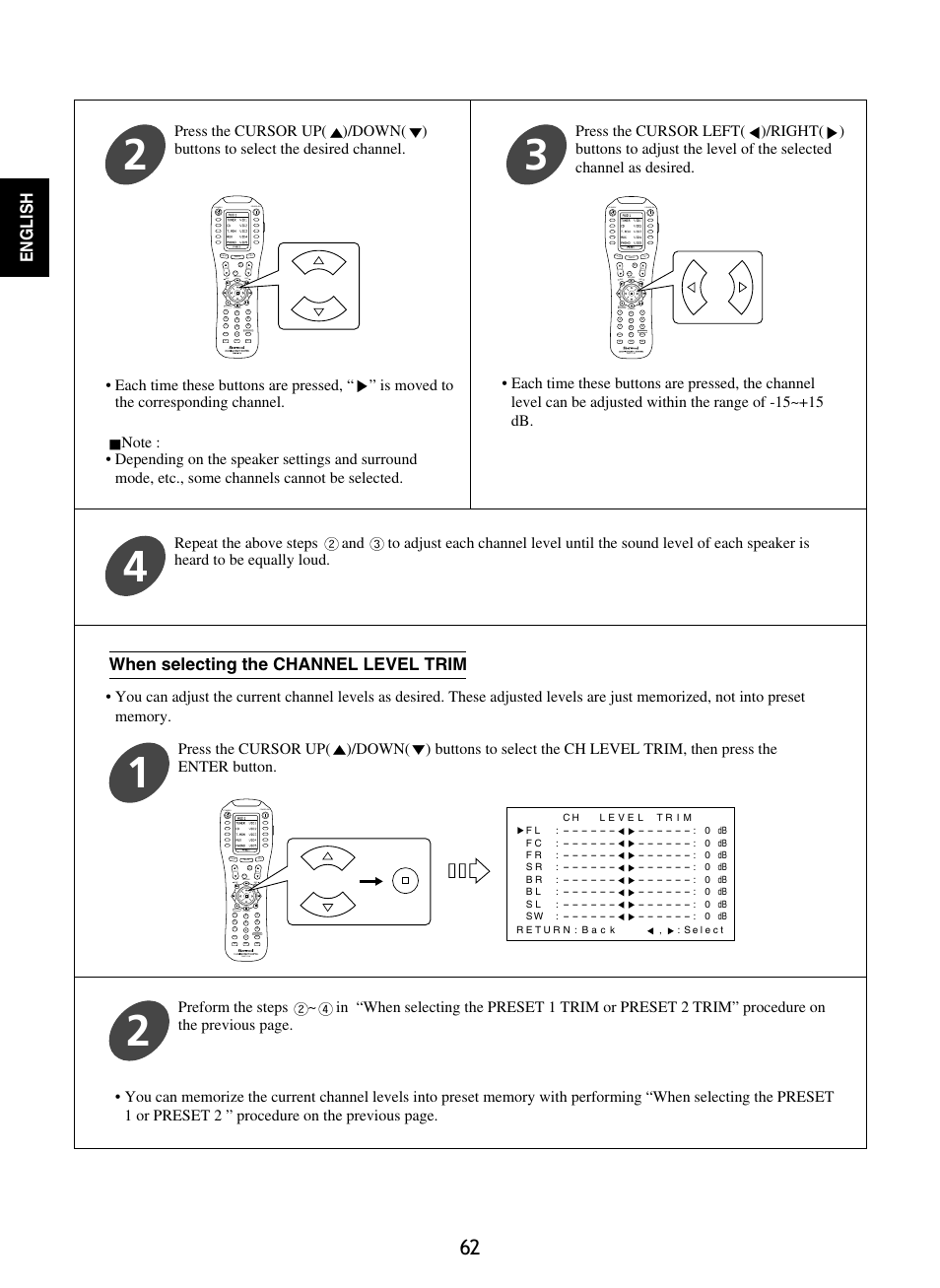 English, When selecting the channel level trim | Sherwood P-965 User Manual | Page 62 / 68