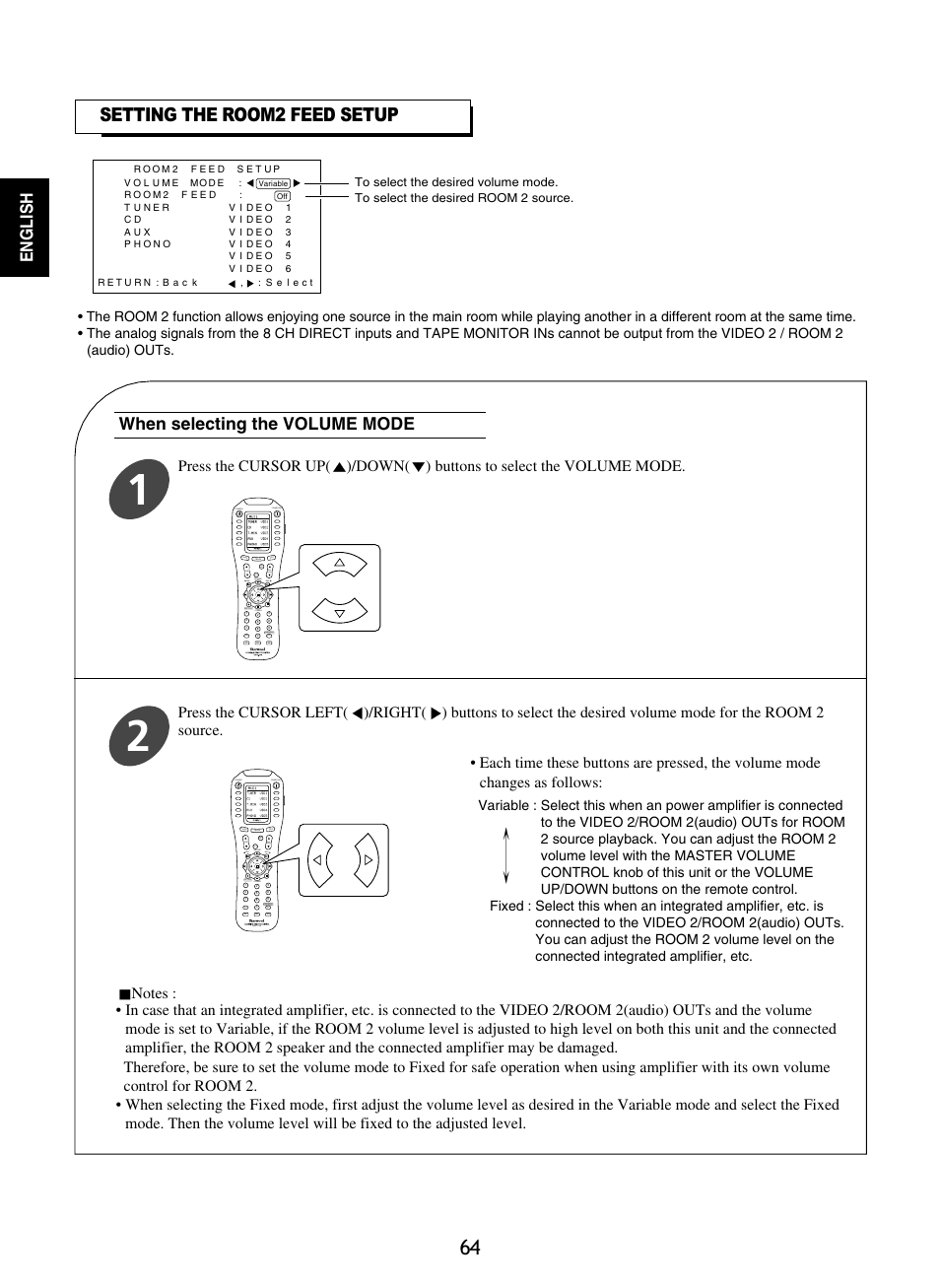 Setting the room2 feed setup, English, When selecting the volume mode | Sherwood P-965 User Manual | Page 64 / 68