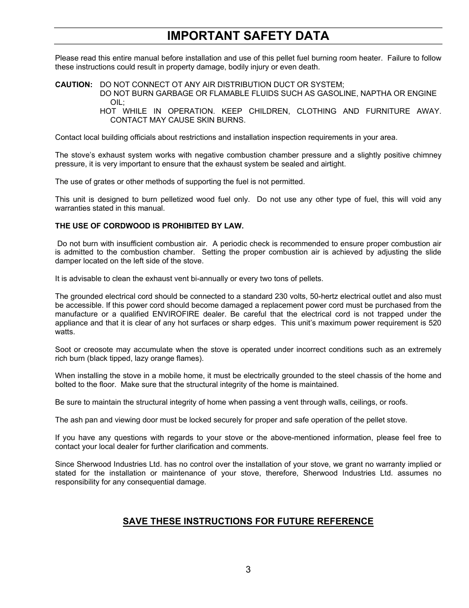 Save these instructions for future reference, Important safety data | Sherwood EF-3 BAYI User Manual | Page 3 / 28