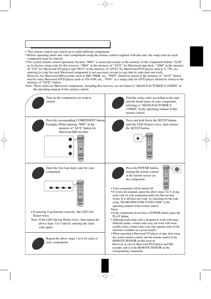 1 3 entering a setup code | Sherwood R-956 User Manual | Page 13 / 35