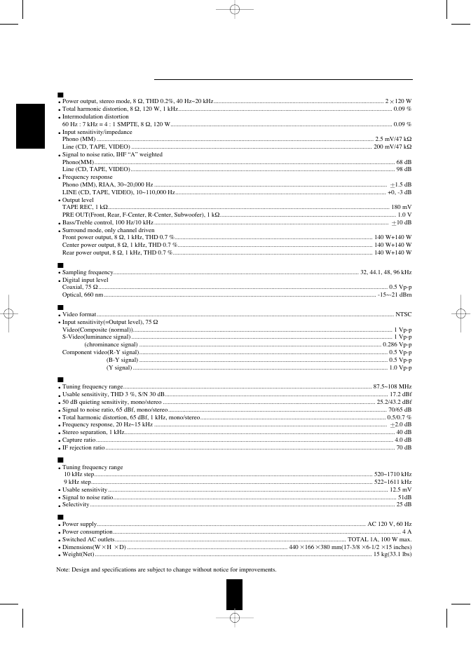 Specifications | Sherwood R-956 User Manual | Page 34 / 35