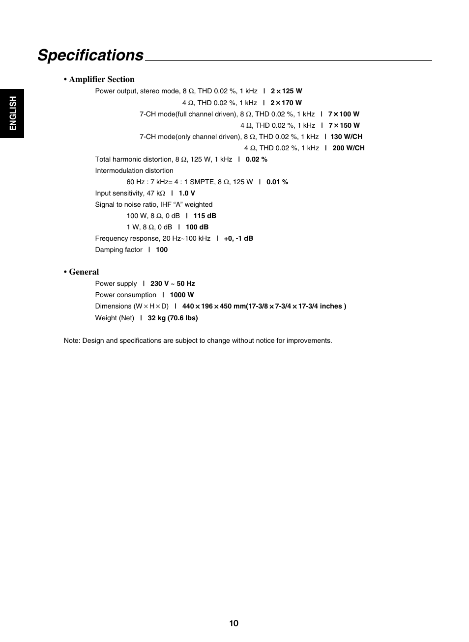 Specifications | Sherwood A-965 User Manual | Page 10 / 11