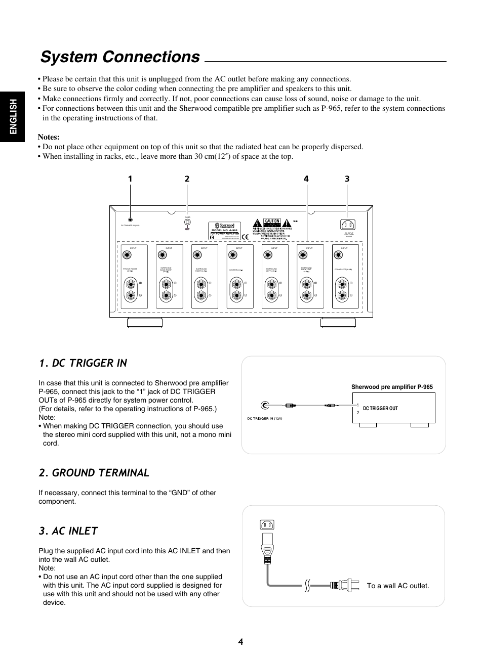 System connections, Dc trigger in, Ground terminal | Ac inlet, English 4, Sherwood pre amplifier p-965 | Sherwood A-965 User Manual | Page 4 / 11