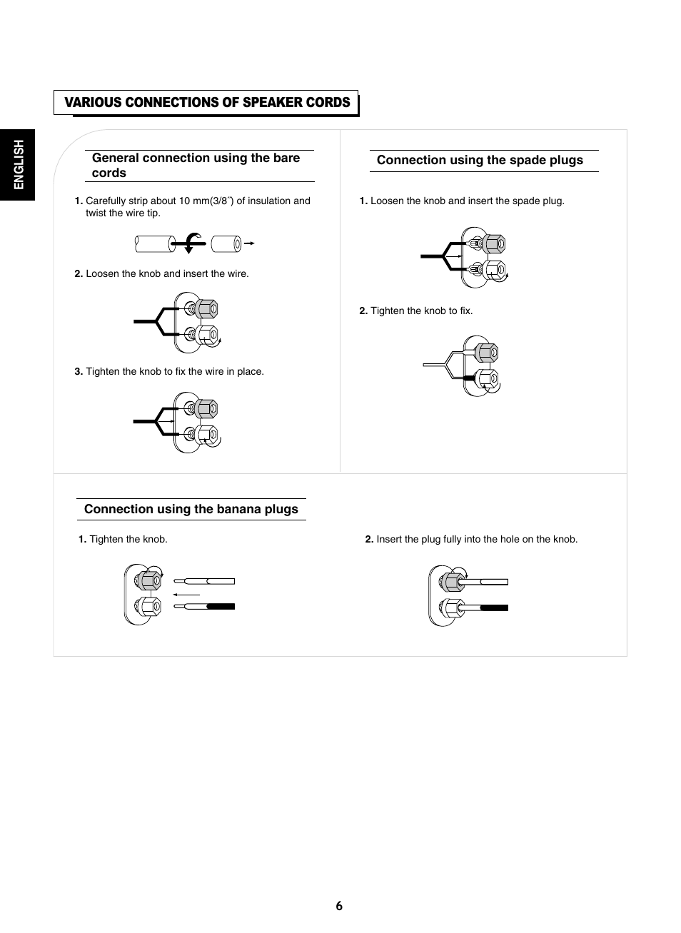 Various connections of speaker cords | Sherwood A-965 User Manual | Page 6 / 11