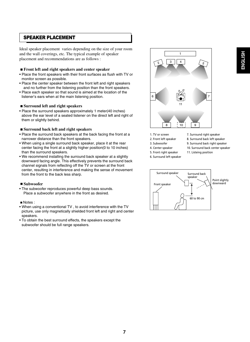 Speaker placement, English 7 | Sherwood A-965 User Manual | Page 7 / 11