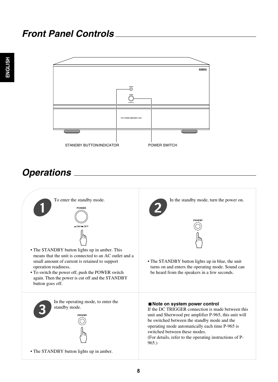 Front panel controls operations | Sherwood A-965 User Manual | Page 8 / 11