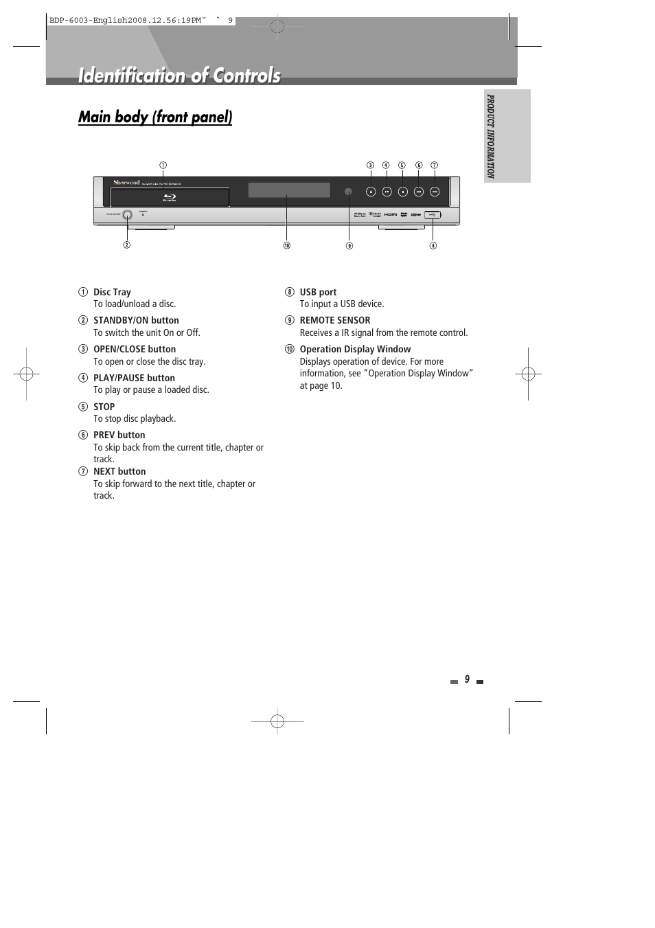Identification of controls, Main body (front panel) | Sherwood BDP-6003 User Manual | Page 10 / 56
