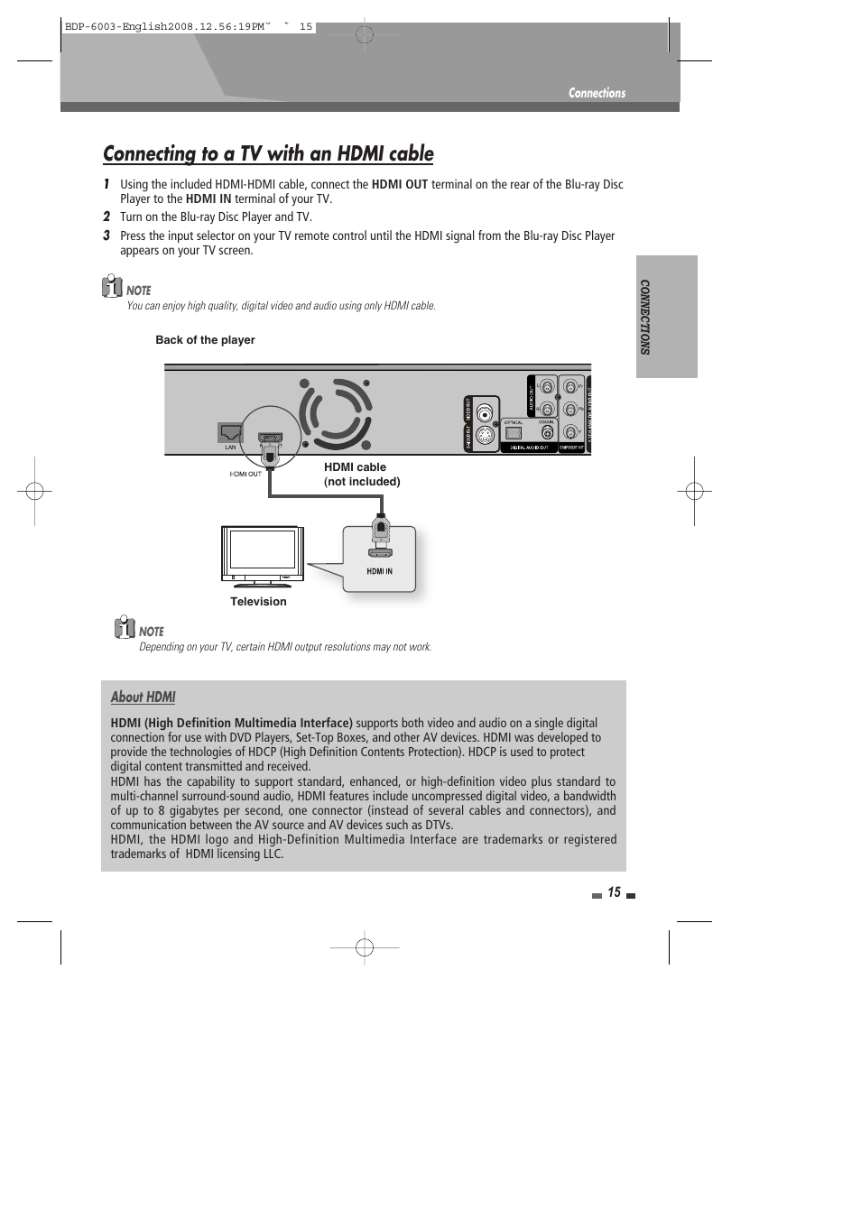 Connecting to a tv with an hdmi cable | Sherwood BDP-6003 User Manual | Page 16 / 56
