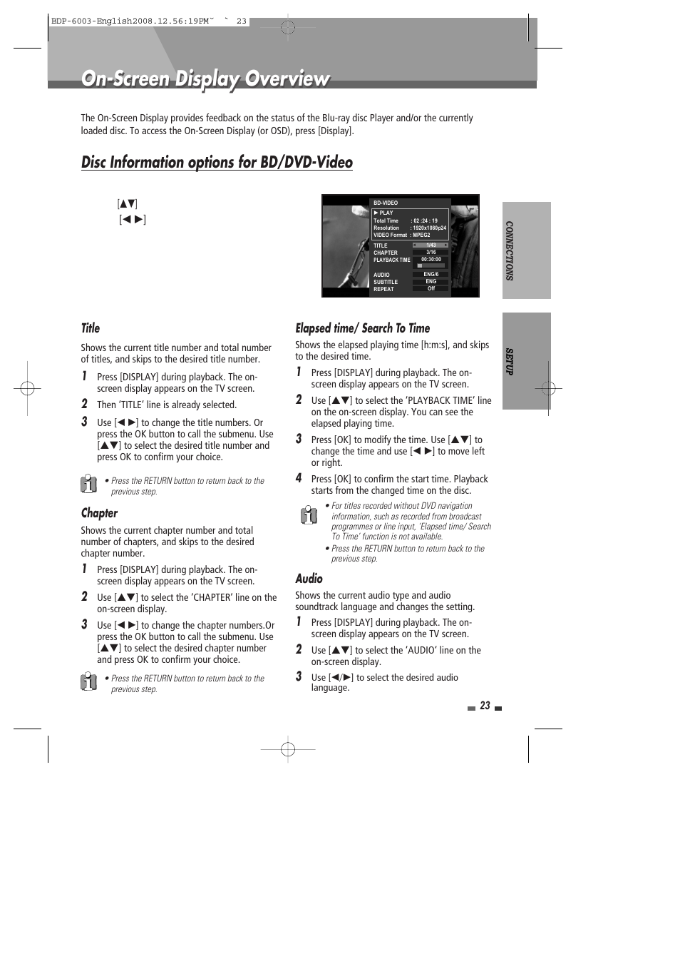 On-screen display overview, Disc information options for bd/dvd-video | Sherwood BDP-6003 User Manual | Page 24 / 56