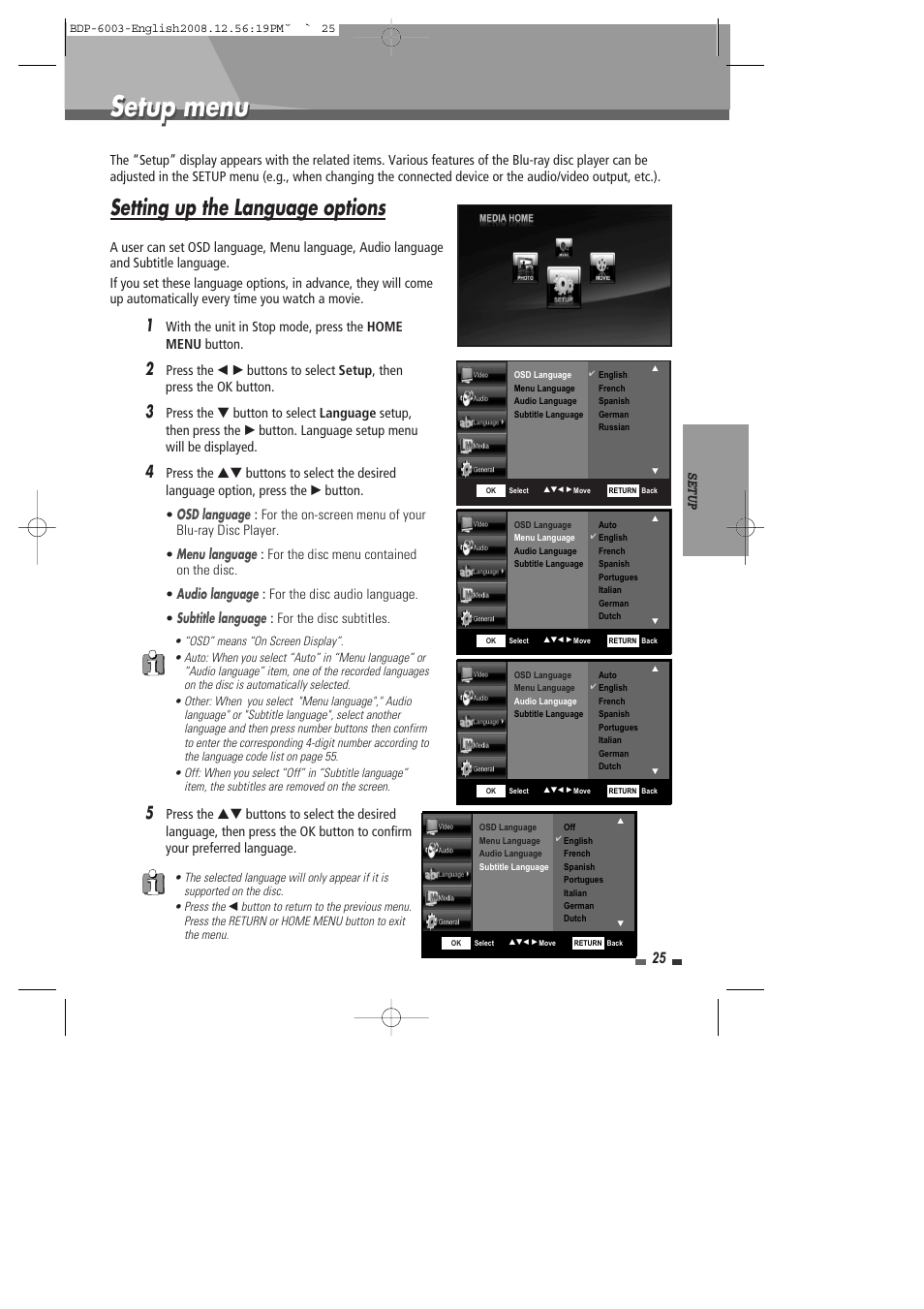 Setup menu, Setting up the language options | Sherwood BDP-6003 User Manual | Page 26 / 56