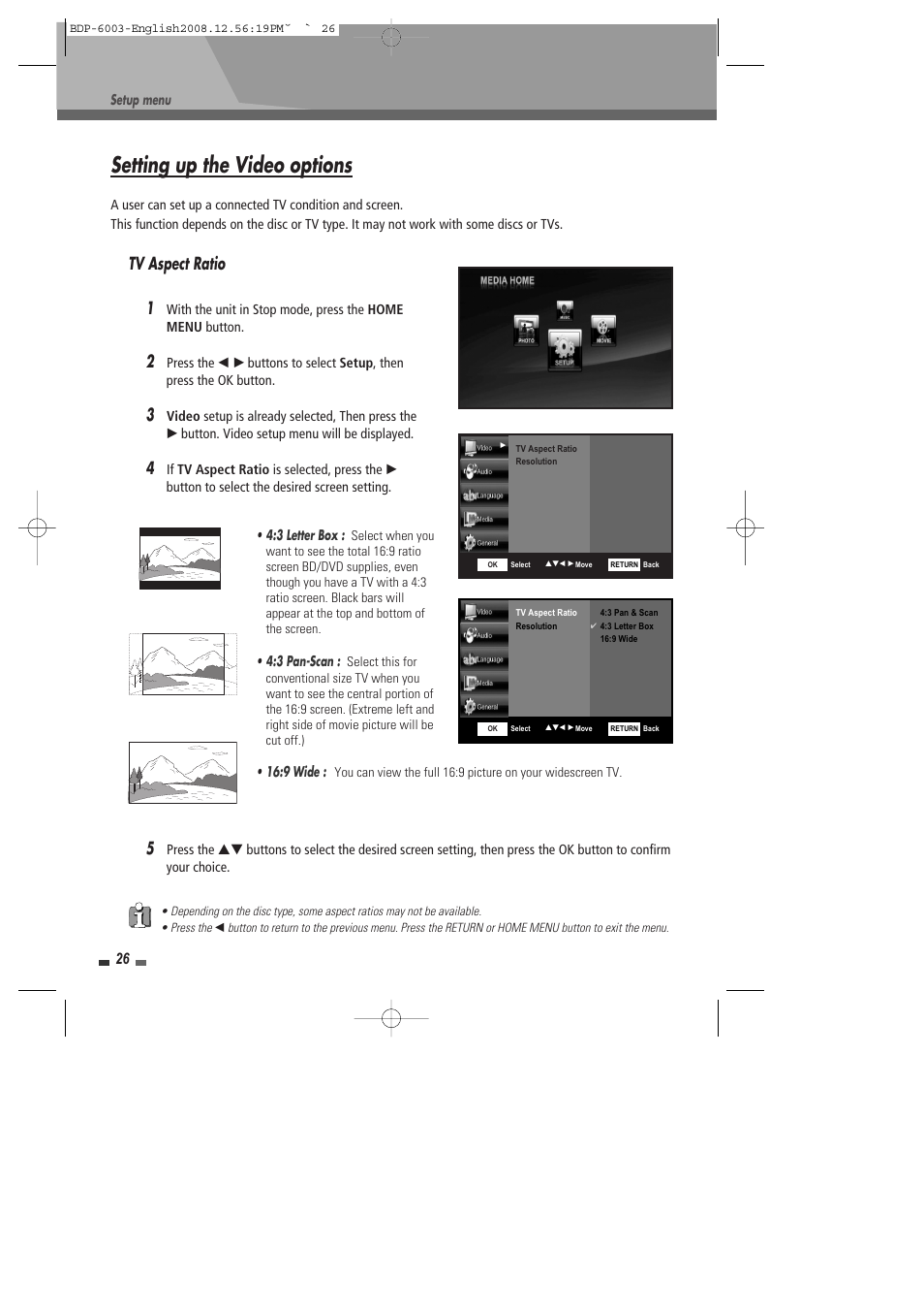 Setting up the video options, Tv aspect ratio 1 | Sherwood BDP-6003 User Manual | Page 27 / 56