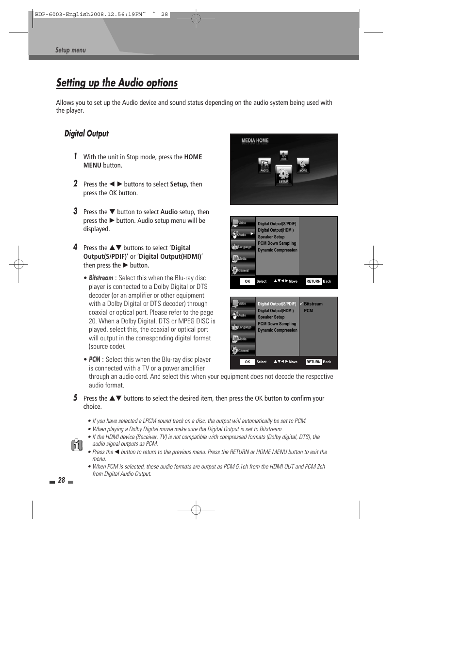 Setting up the audio options, Digital output 1 | Sherwood BDP-6003 User Manual | Page 29 / 56