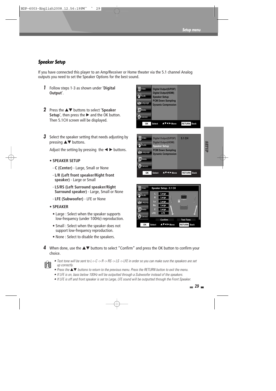 Speaker setup | Sherwood BDP-6003 User Manual | Page 30 / 56