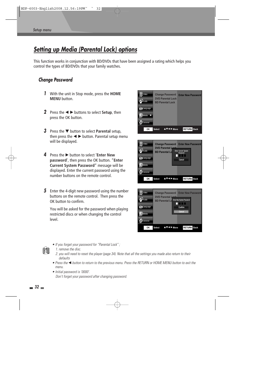 Setting up media (parental lock) options, Change password 1 | Sherwood BDP-6003 User Manual | Page 33 / 56