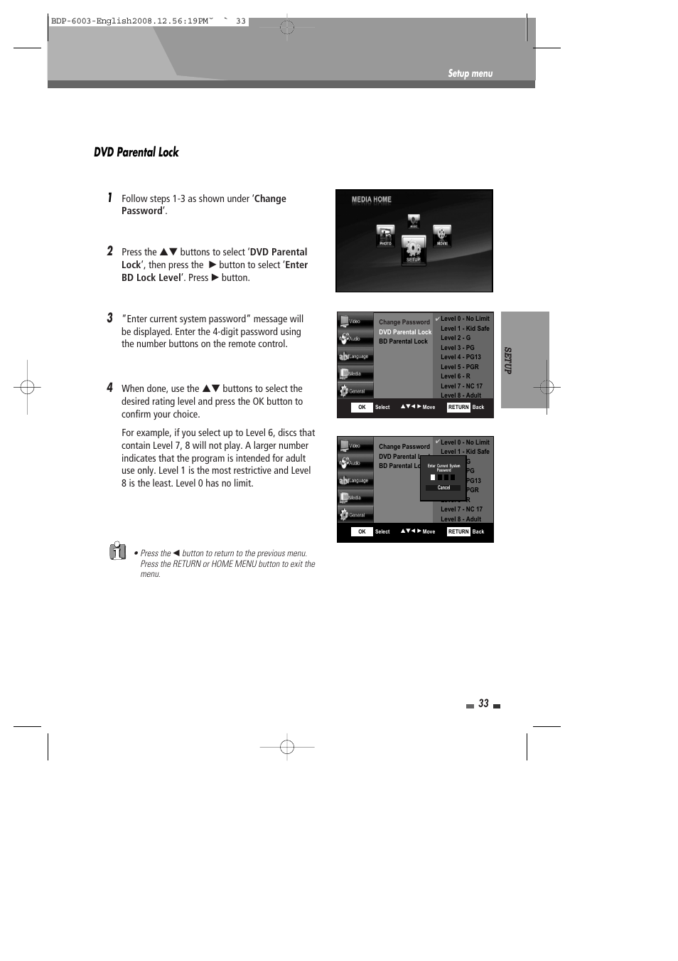 Dvd parental lock 1, Setup menu, Follow steps 1-3 as shown under ‘ change password | Sherwood BDP-6003 User Manual | Page 34 / 56