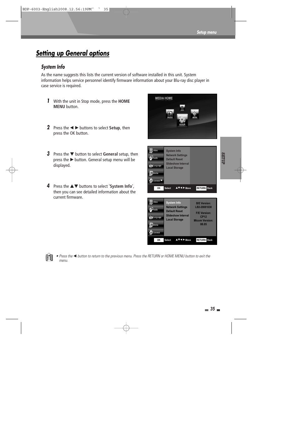 Setting up general options, System info | Sherwood BDP-6003 User Manual | Page 36 / 56