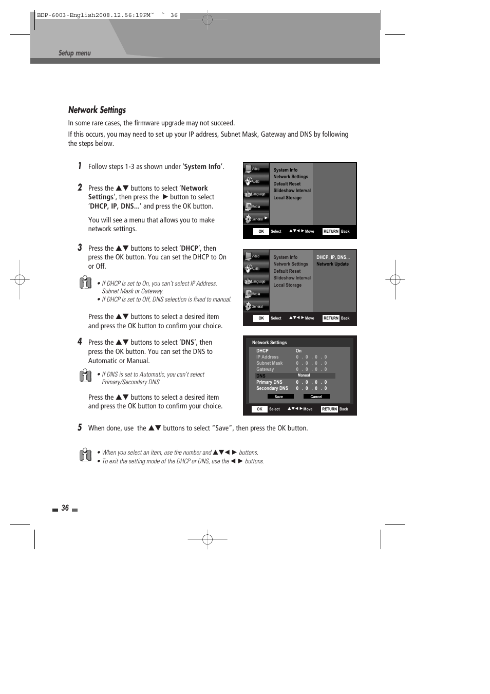 Network settings | Sherwood BDP-6003 User Manual | Page 37 / 56