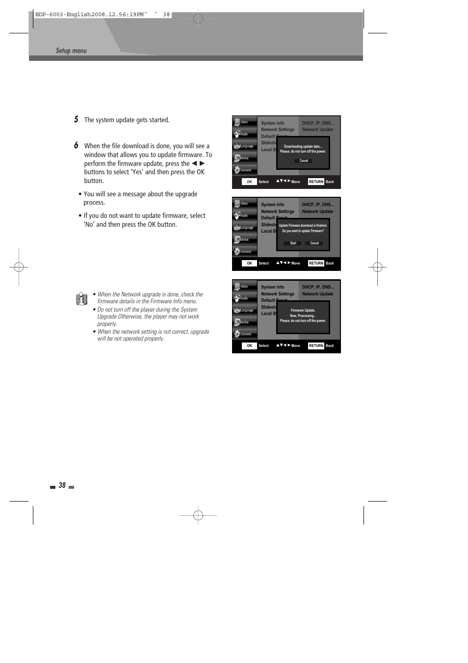Setup menu, The system update gets started | Sherwood BDP-6003 User Manual | Page 39 / 56