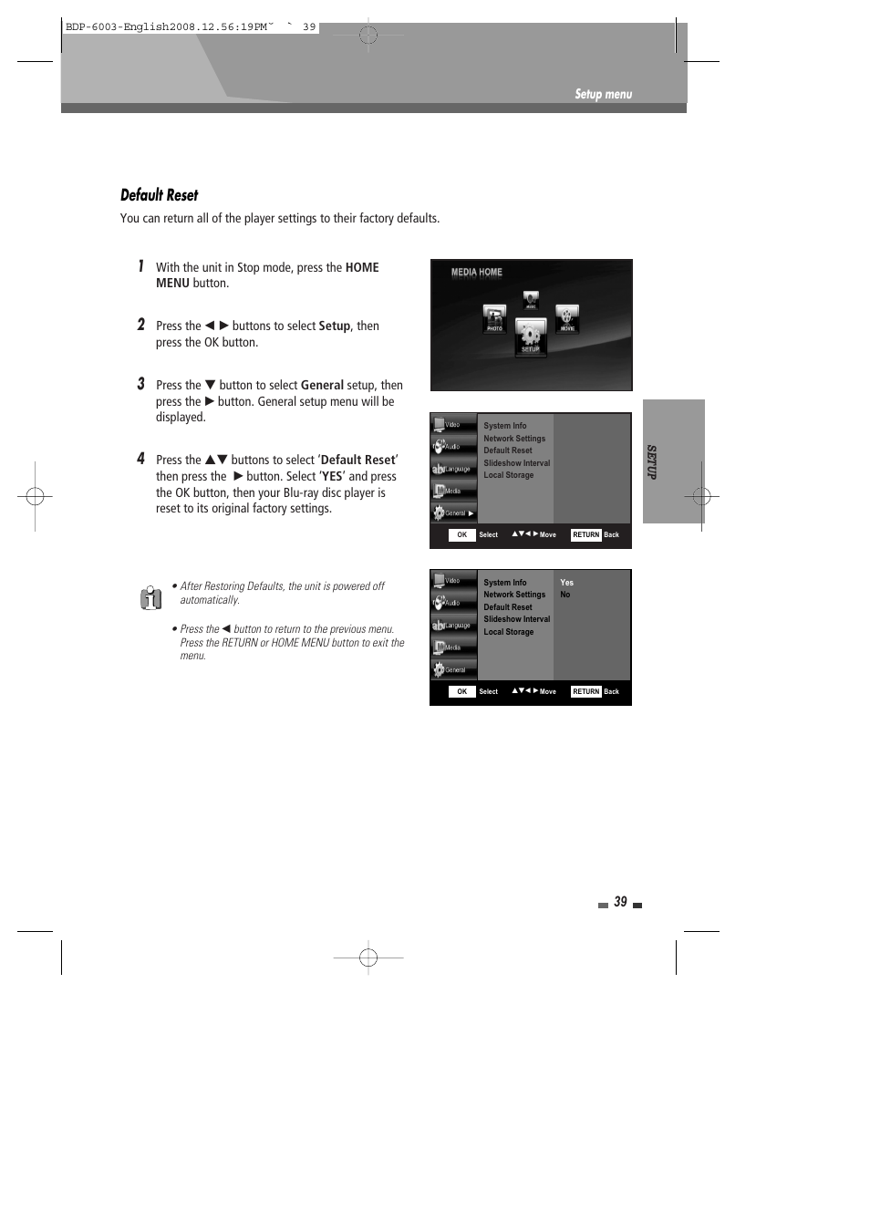 Default reset | Sherwood BDP-6003 User Manual | Page 40 / 56