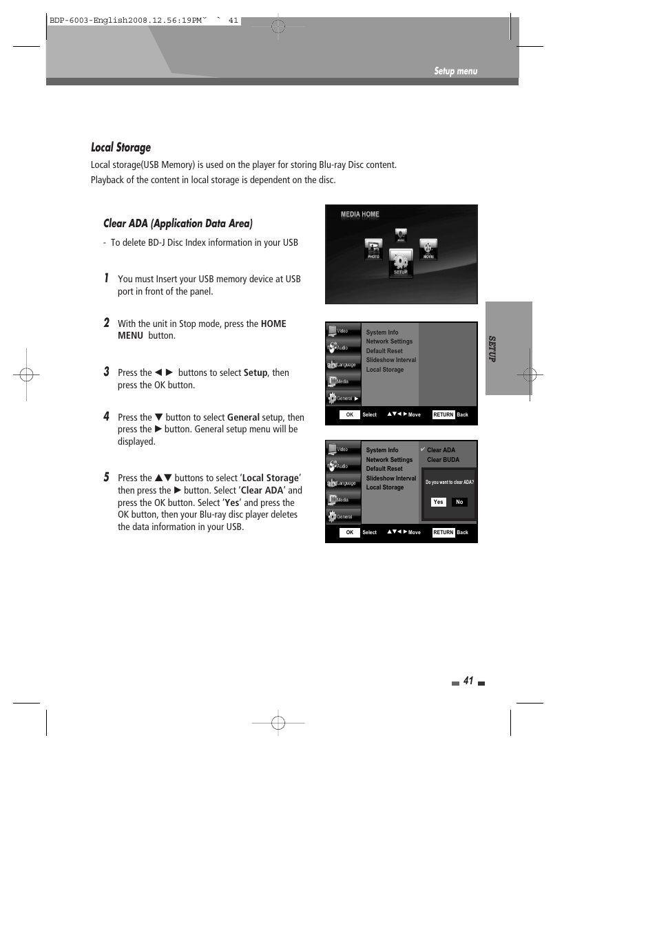 Local storage, Clear ada (application data area) | Sherwood BDP-6003 User Manual | Page 42 / 56