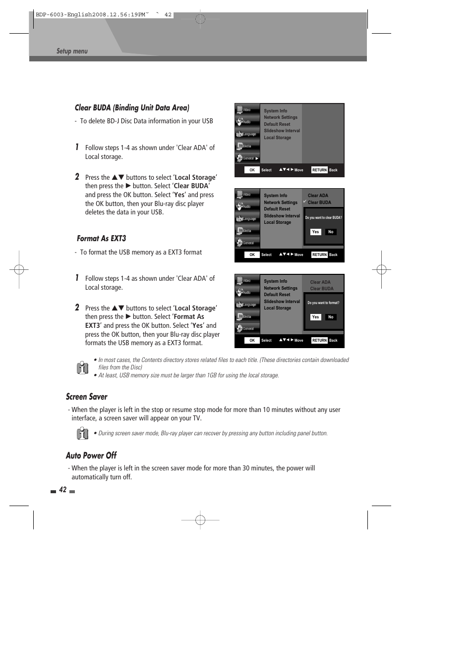 Screen saver, Auto power off, 42 clear buda (binding unit data area) | Format as ext3 | Sherwood BDP-6003 User Manual | Page 43 / 56