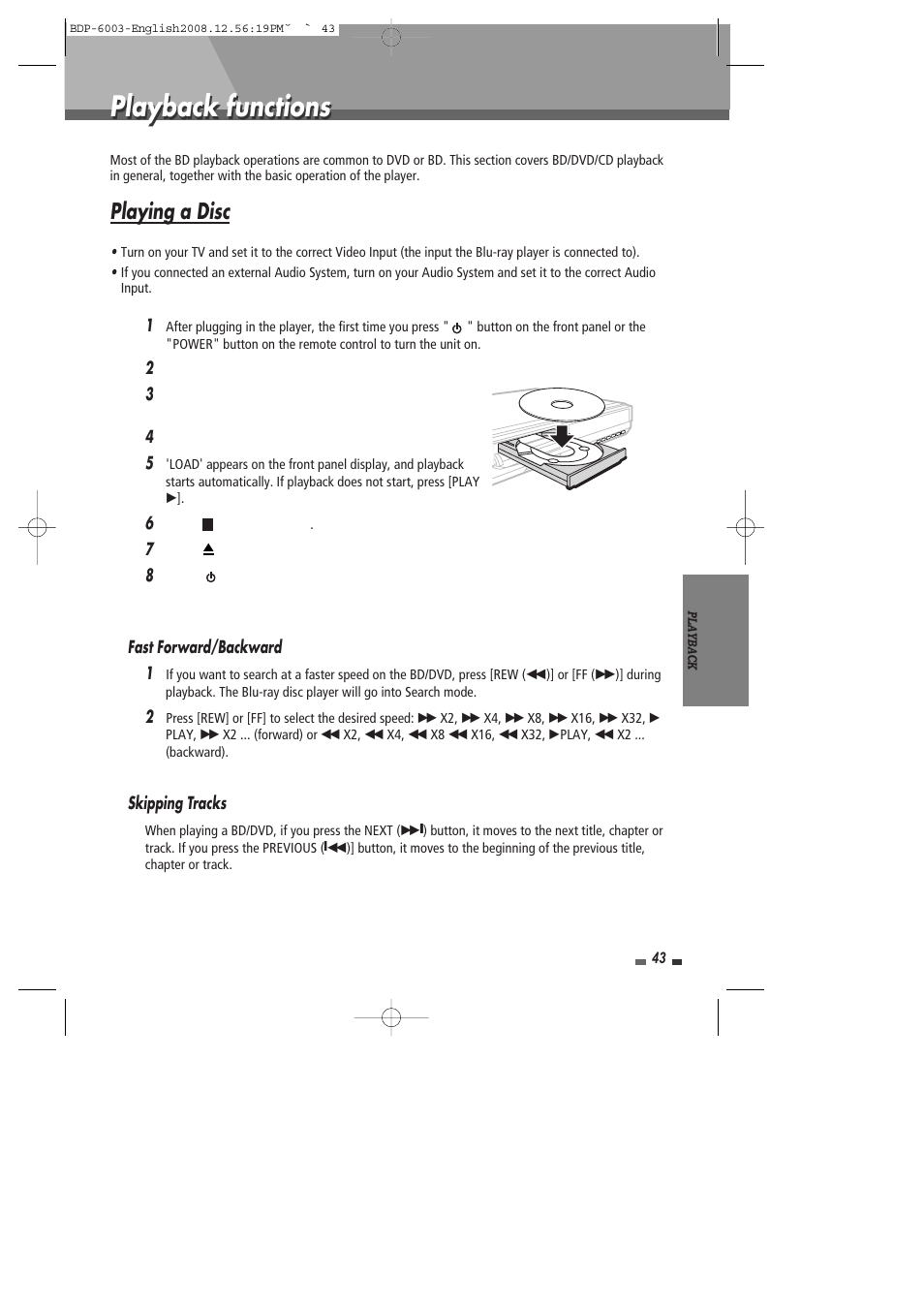 Playback functions, Playing a disc | Sherwood BDP-6003 User Manual | Page 44 / 56
