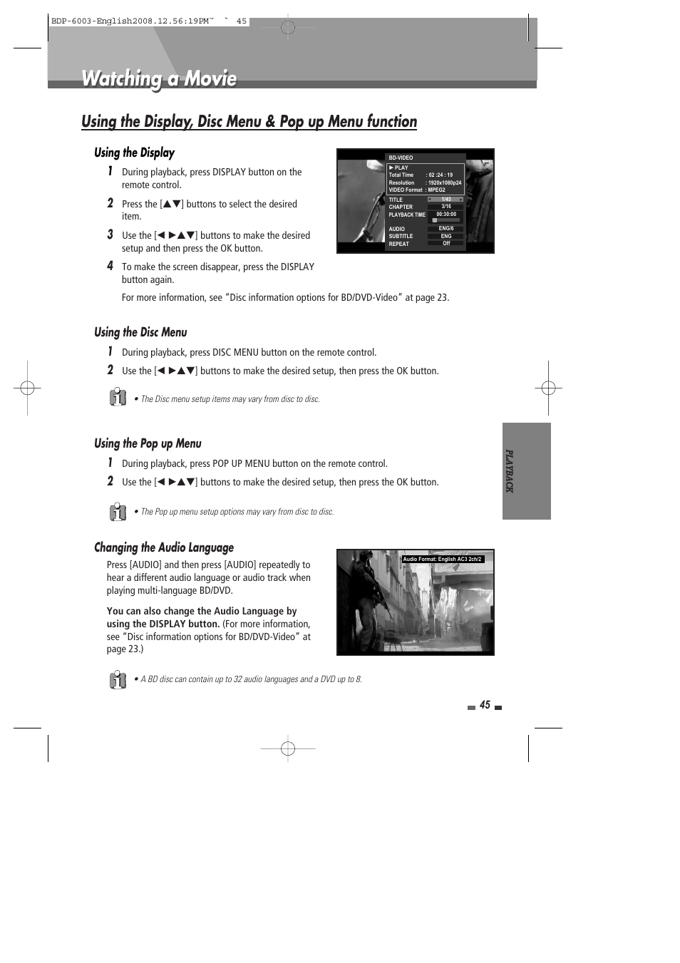 Watching a movie, Changing the audio language, Using the display 1 | Using the disc menu 1, Using the pop up menu 1 | Sherwood BDP-6003 User Manual | Page 46 / 56