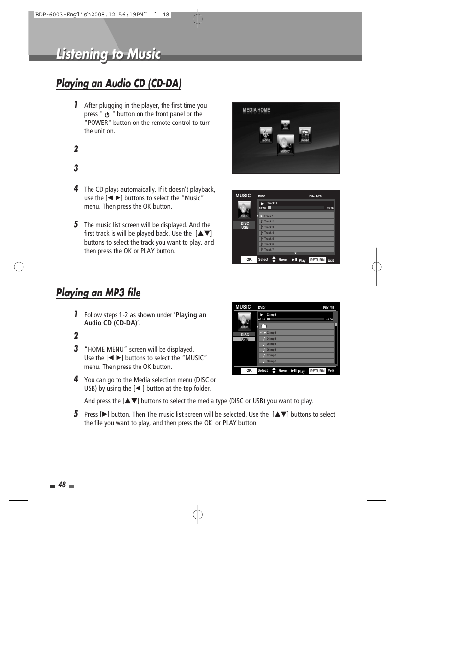 Listening to music, Playing an audio cd (cd-da), Playing an mp3 file | Sherwood BDP-6003 User Manual | Page 49 / 56