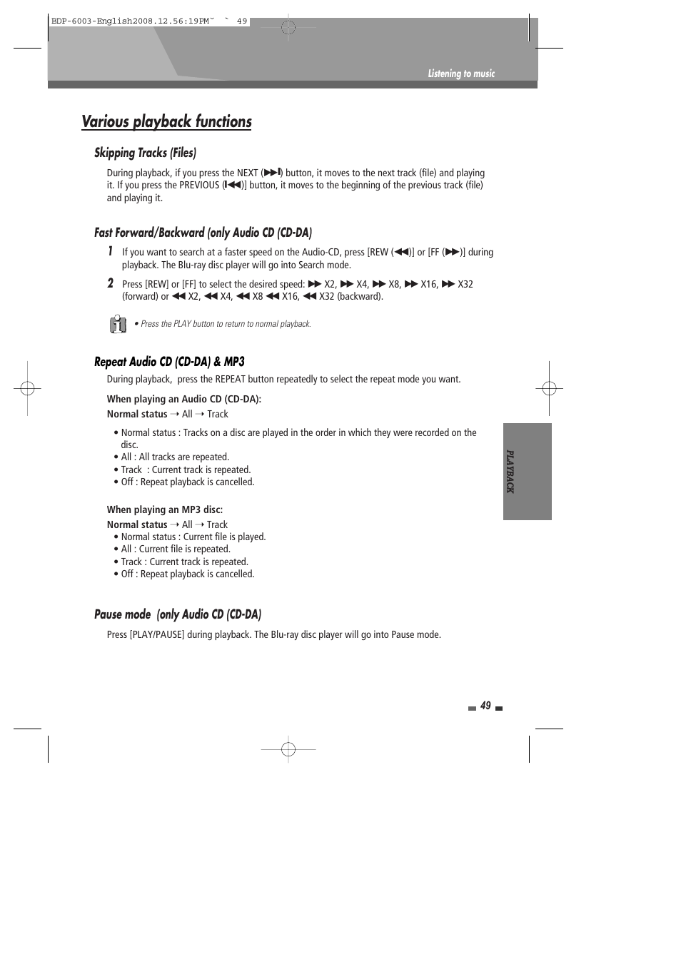 Various playback functions | Sherwood BDP-6003 User Manual | Page 50 / 56