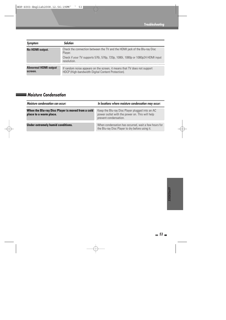 Moisture condensation | Sherwood BDP-6003 User Manual | Page 54 / 56