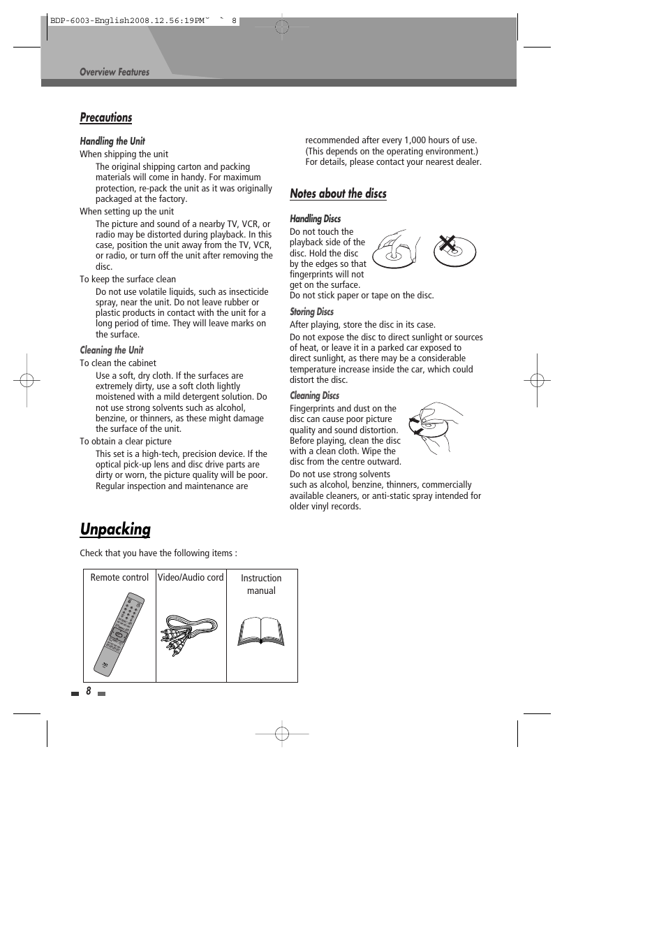 Unpacking, Precautions | Sherwood BDP-6003 User Manual | Page 9 / 56