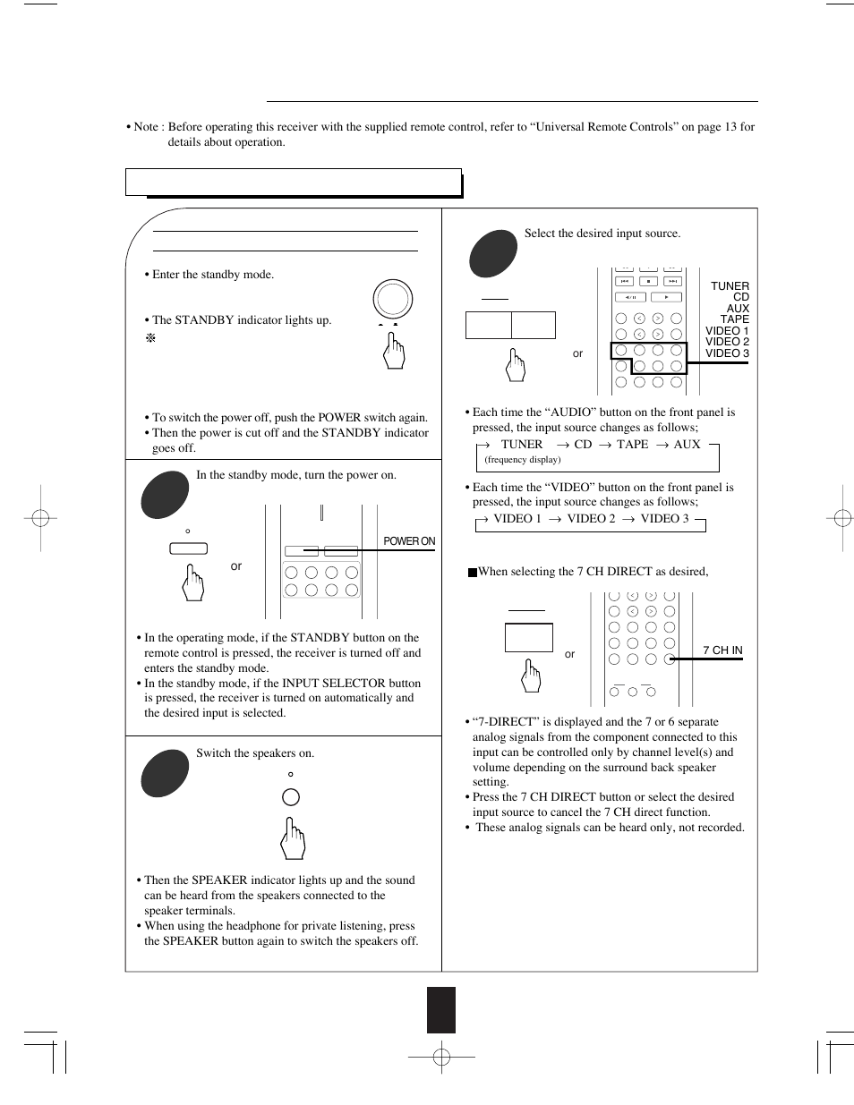 Operations, Listening to a program source, Before operation | Select the desired input source, Power on, Tuner cd aux tape video 1 video 2 video 3, 7 ch in | Sherwood R-765 User Manual | Page 19 / 48