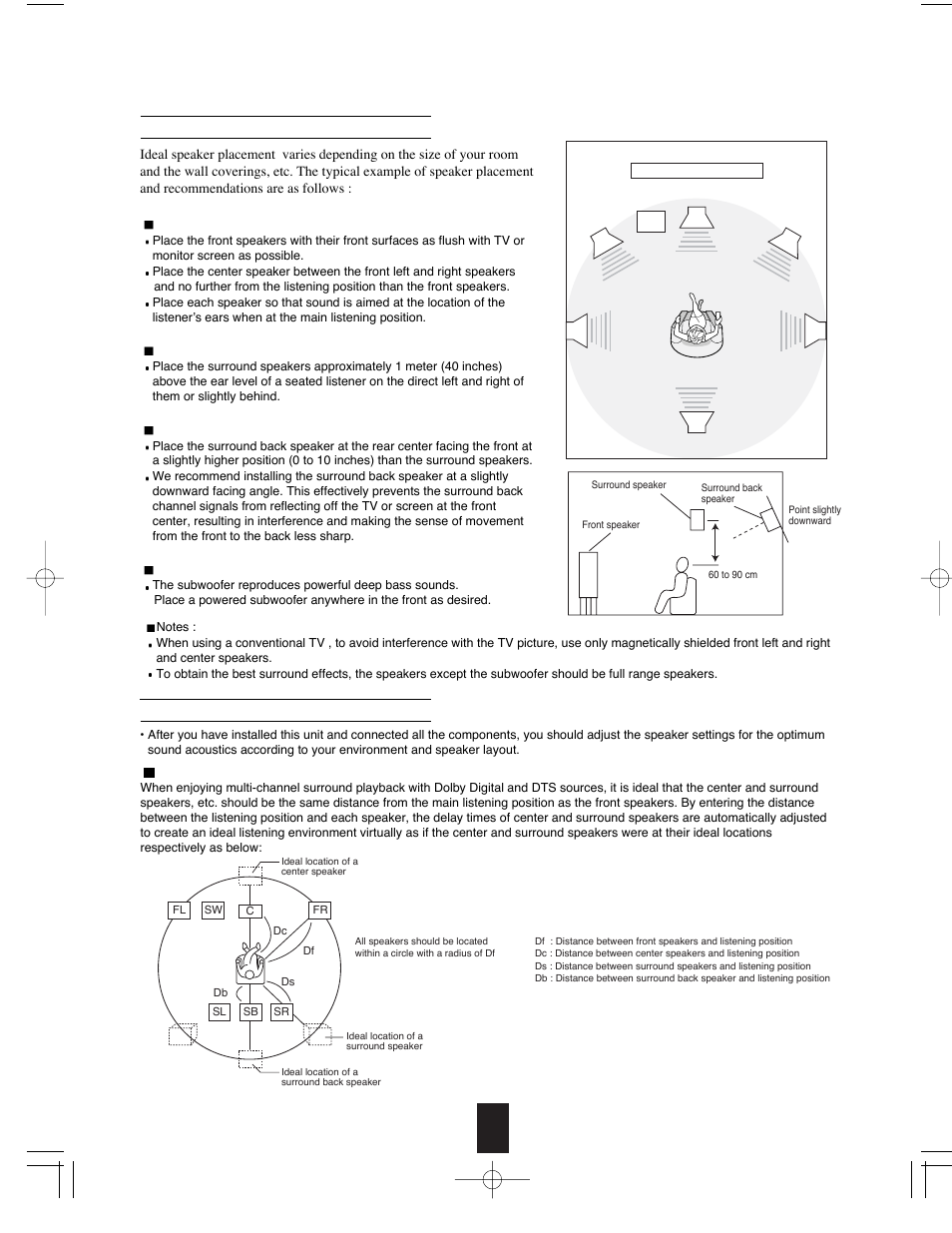 Speaker placement adjusting the speaker settings | Sherwood R-765 User Manual | Page 24 / 48