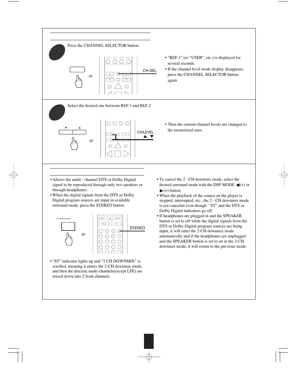 Downmixing into 2 front channels, Press the channel selector button, Select the desired one between ref.1 and ref.2 | Ch.sel, Ch/level, Stereo | Sherwood R-765 User Manual | Page 31 / 48