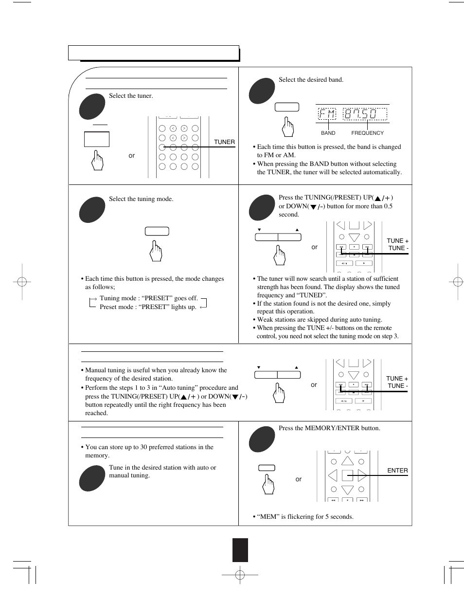 Listening to radio broadcasts, Presetting radio stations auto tuning, Manual tuning | Select the tuning mode, Select the desired band, Tuner, Tune + tune, Enter | Sherwood R-765 User Manual | Page 32 / 48
