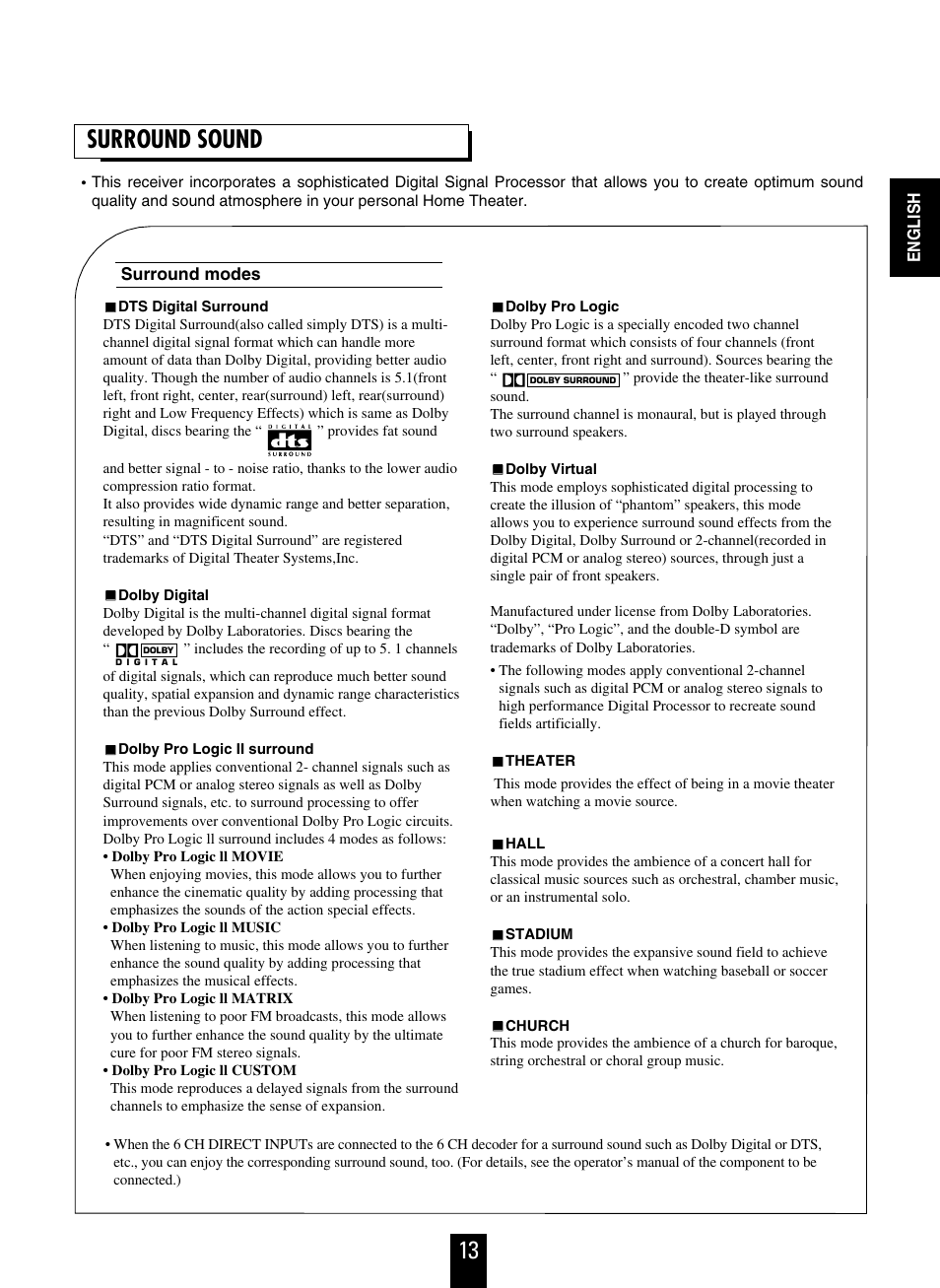13 surround sound | Sherwood RD-6108 User Manual | Page 13 / 25