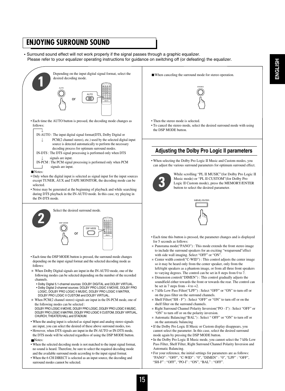 15 enjoying surround sound, Adjusting the dolby pro logic ii parameters | Sherwood RD-6108 User Manual | Page 15 / 25